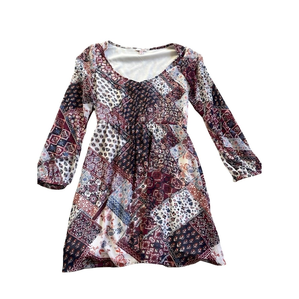 VTG Y2K Floral Boho Paisley Mini Dress Tunic Pink Purple V Neck Baby Doll Size S